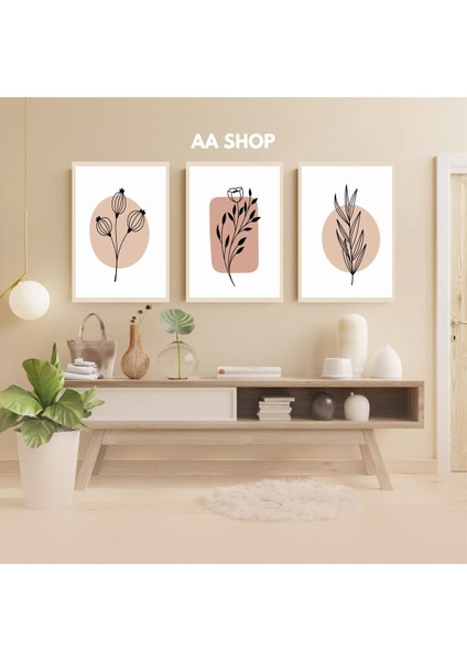 3 Parça Çiçek Yaprak Renkli Solmaz Kaliteli Baskı Çerçeve Görünümlü Mdf Tablo Set 6