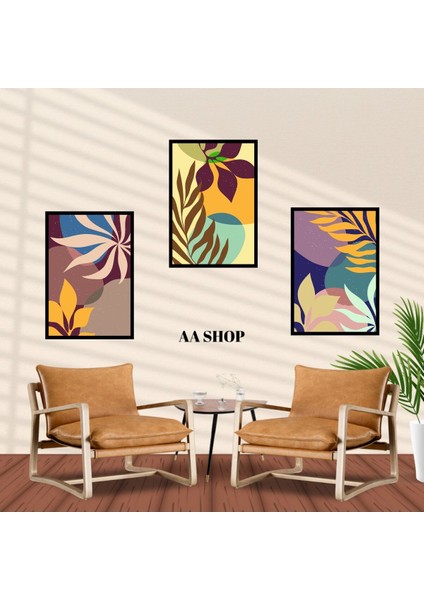 3 Parça Çiçek Yaprak Renkli Solmaz Kaliteli Baskı Çerçeve Görünümlü Mdf Tablo Set 23 fiyatları
