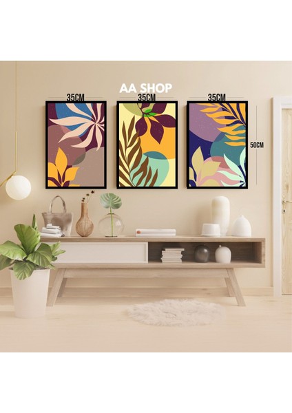 3 Parça Çiçek Yaprak Renkli Solmaz Kaliteli Baskı Çerçeve Görünümlü Mdf Tablo Set 23 modelleri