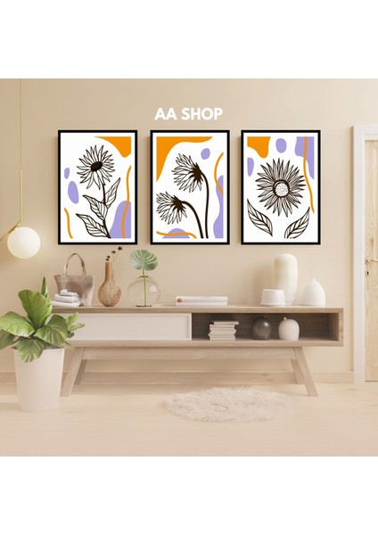 3 Parça Çiçek Yaprak Renkli Solmaz Kaliteli Baskı Çerçeve Görünümlü Mdf Tablo Set 78