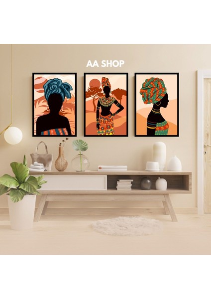 3 Parça Afrika Kadın Renkli Solmaz Kaliteli Baskı Çerçeve Görünümlü Mdf Tablo Set 95