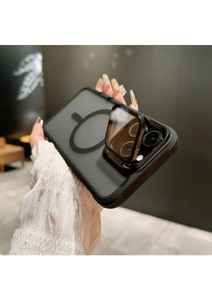 iPhone 15 Pro Uyumlu Standlı Kamera Kısmı Cam Korumalı Arkası Mat Renkli Magsafe Kılıf