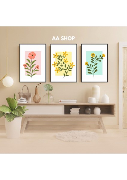 3 Parça Çiçek Yaprak Renkli Solmaz Kaliteli Baskı Çerçeve Görünümlü Mdf Tablo Set 52