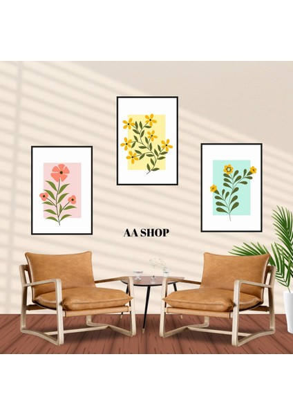 3 Parça Çiçek Yaprak Renkli Solmaz Kaliteli Baskı Çerçeve Görünümlü Mdf Tablo Set 52 fiyatları