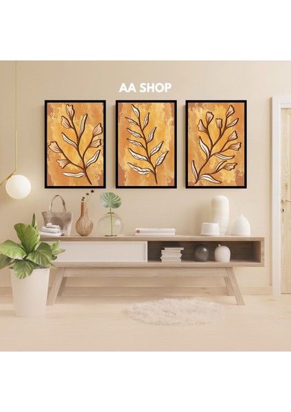 3 Parça Çiçek Yaprak Renkli Solmaz Kaliteli Baskı Çerçeve Görünümlü Mdf Tablo Set 79