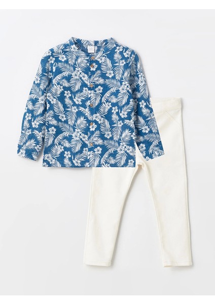 Lcw Baby Mavi Hakim Yaka Uzun Kol Baskılı Erkek Bebek Gömlek ve Pantolon 2'li