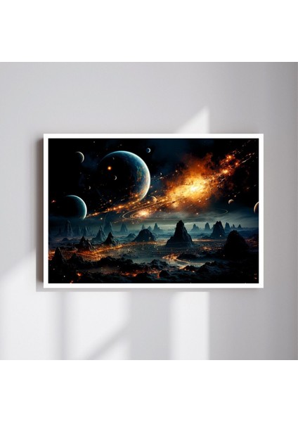 Uzay Manzara Büyük Boy Renkli Solmaz Kaliteli Baskı Çerçeve Görünümlü Mdf Tablo 70X50CM 39