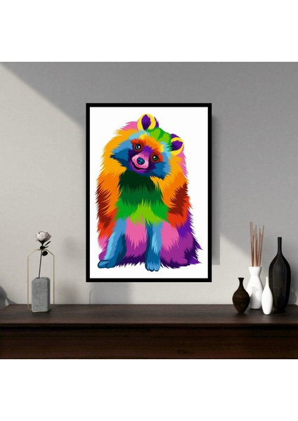 Köpek Pomeranian Hayvan Büyük Boy Renkli Solmaz Kaliteli Çerçeve Görünümlü Mdf Tablo 70X50CM 08