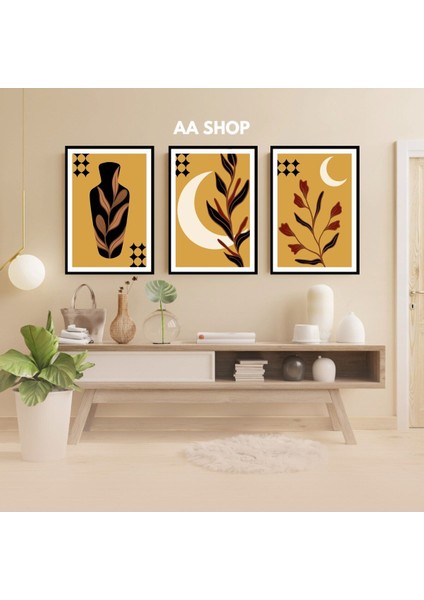 3 Parça Çiçek Yaprak Renkli Solmaz Kaliteli Baskı Çerçeve Görünümlü Mdf Tablo Set 72