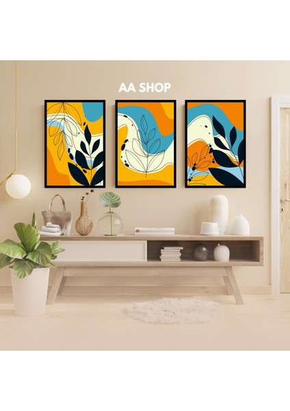 3 Parça Çiçek Yaprak Renkli Solmaz Kaliteli Baskı Çerçeve Görünümlü Mdf Tablo Set 51