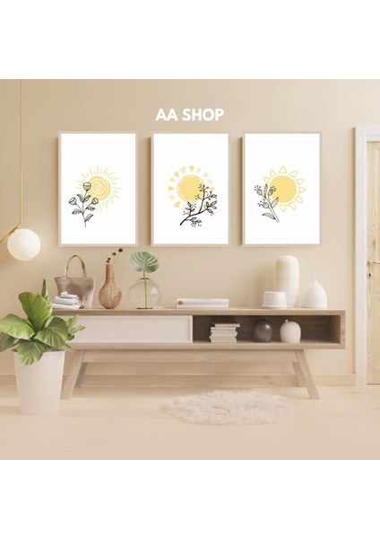 3 Parça Çiçek Güneş Renkli Solmaz Kaliteli Baskı Çerçeve Görünümlü Mdf Tablo Set 92
