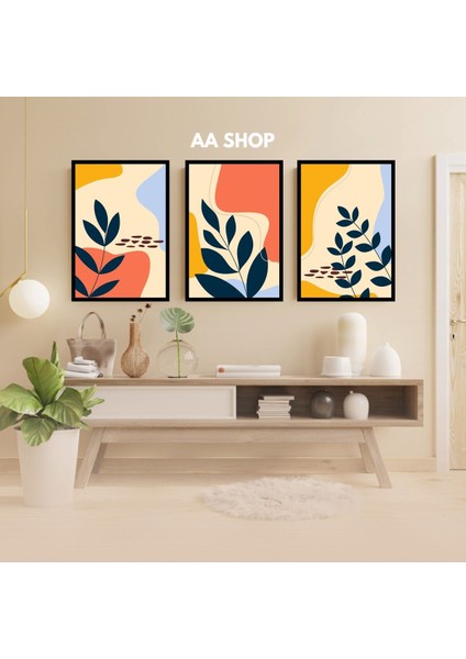 3 Parça Çiçek Yaprak Renkli Solmaz Kaliteli Baskı Çerçeve Görünümlü Mdf Tablo Set 50