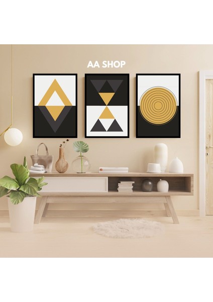 3 Parça Geometrik Renkli Solmaz Kaliteli Baskı Çerçeve Görünümlü Mdf Tablo Set 25