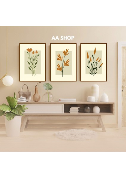 3 Parça Çiçek Yaprak Renkli Solmaz Kaliteli Baskı Çerçeve Görünümlü Mdf Tablo Set 54