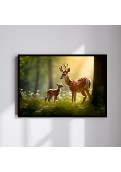 Geyik Doğa Manzara Büyük Boy Renkli Solmaz Kaliteli Baskı Çerçeve Görünümlü Mdf Tablo 70X50CM 31