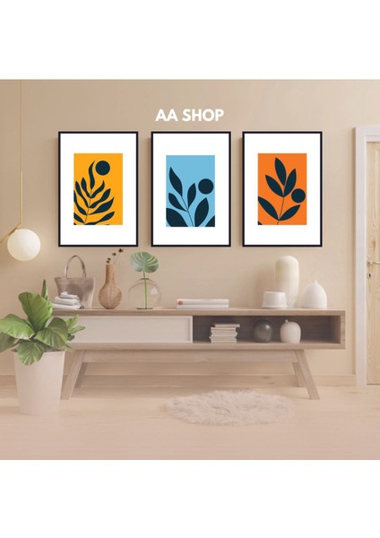 3 Parça Çiçek Yaprak Renkli Solmaz Kaliteli Baskı Çerçeve Görünümlü Mdf Tablo Set 60