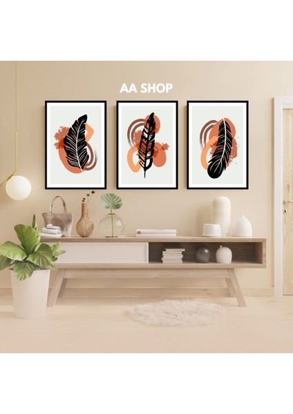 3 Parça Çiçek Yaprak Renkli Solmaz Kaliteli Baskı Çerçeve Görünümlü Mdf Tablo Set 71