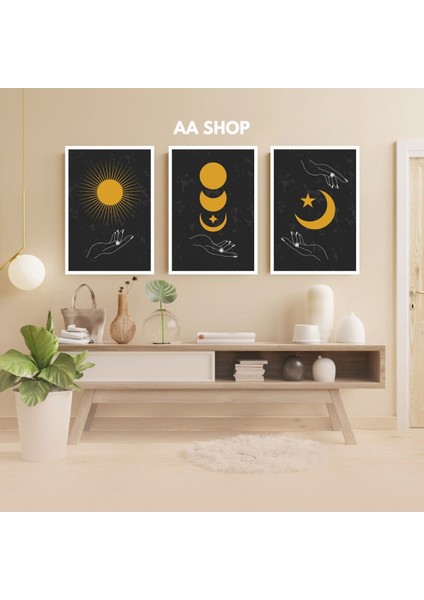 3 Parça Gökyüzü Renkli Solmaz Kaliteli Baskı Çerçeve Görünümlü Mdf Tablo Set 85