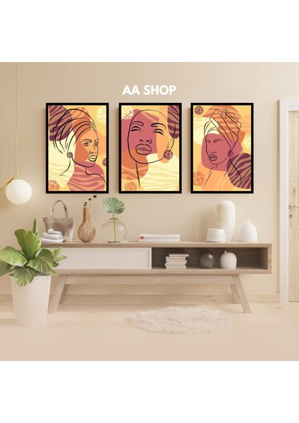 3 Parça Kadın Çiçek Renkli Solmaz Kaliteli Baskı Çerçeve Görünümlü Mdf Tablo Set 46