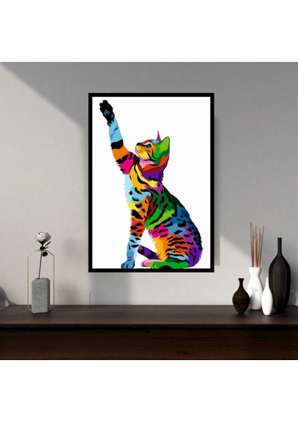 Kedi Hayvan Büyük Boy Renkli Solmaz Kaliteli Baskı Çerçeve Görünümlü Mdf Tablo 70X50CM 02