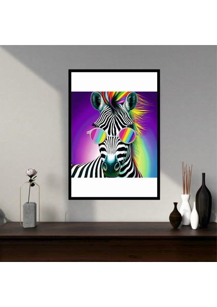 Zebra Hayvan Büyük Boy Renkli Solmaz Kaliteli Baskı Çerçeve Görünümlü Mdf Tablo 70X50CM 72