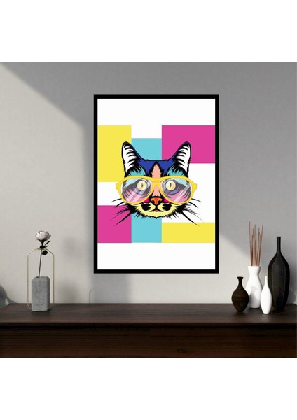 Kedi Hayvan Büyük Boy Renkli Solmaz Kaliteli Baskı Çerçeve Görünümlü Mdf Tablo 70X50CM 63