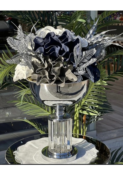 Yapay Çiçek Ortası Cam Fanus Ayaklı Vazo