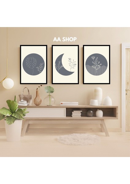 3 Parça Çiçek Yaprak Renkli Solmaz Kaliteli Baskı Çerçeve Görünümlü Mdf Tablo Set 19