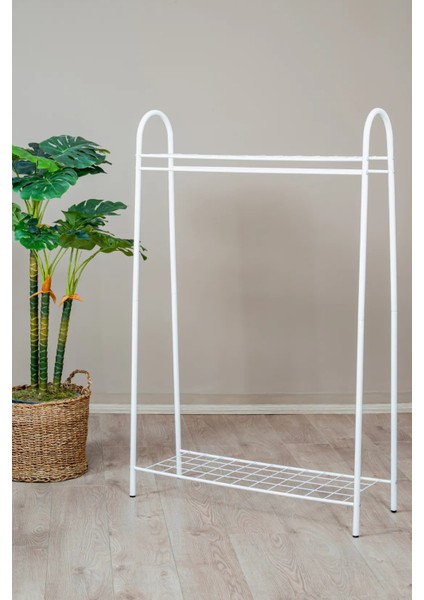 2 Raflı Beyaz Askılık / Metal Gardırop Kıyafet Organizer