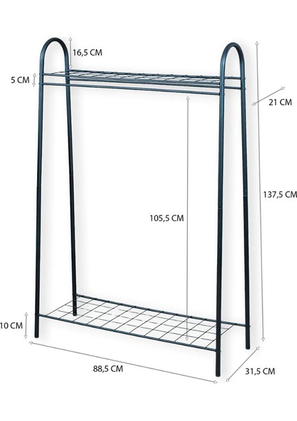 2 Raflı Beyaz Askılık / Metal Gardırop Kıyafet Organizer