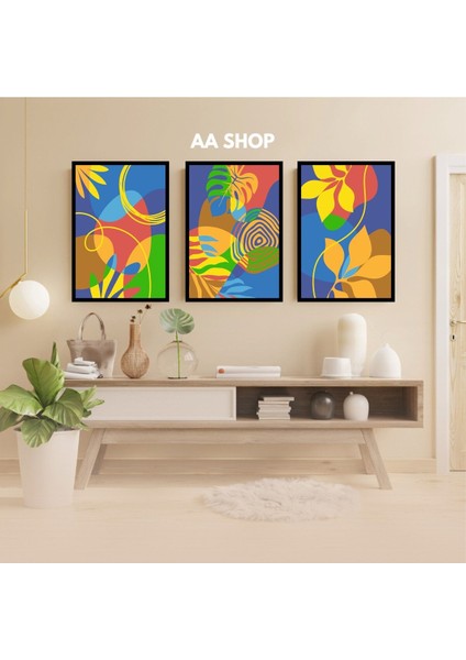 3 Parça Çiçek Yaprak Renkli Solmaz Kaliteli Baskı Çerçeve Görünümlü Mdf Tablo Set 22