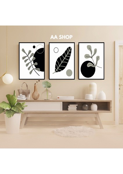 3 Parça Çiçek Yaprak Renkli Solmaz Kaliteli Baskı Çerçeve Görünümlü Mdf Tablo Set 55