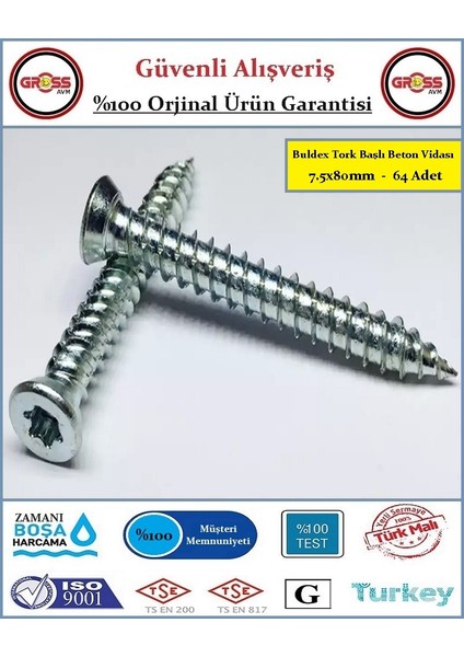 Buldex Tork Başlı Beton Vidası - 7.5X80MM - 64 Adet
