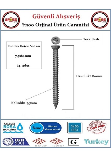 Buldex Tork Başlı Beton Vidası - 7.5X80MM - 64 Adet fiyatları