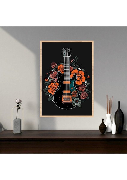 Gitar Çiçek Büyük Boy Renkli Solmaz Kaliteli Baskı Çerçeve Görünümlü Mdf Tablo 70X50CM 214