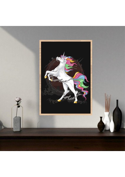 Unicorn At Büyük Boy Renkli Solmaz Kaliteli Baskı Çerçeve Görünümlü Mdf Tablo 70X50CM 208