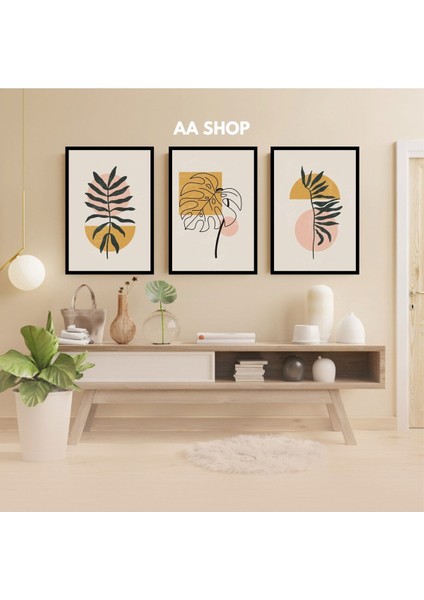 3 Parça Çiçek Yaprak Renkli Solmaz Kaliteli Baskı Çerçeve Görünümlü Mdf Tablo Set 12