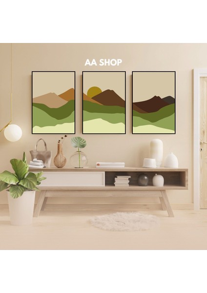3 Parça Doğa Dağ Renkli Solmaz Kaliteli Baskı Çerçeve Görünümlü Mdf Tablo Set 68