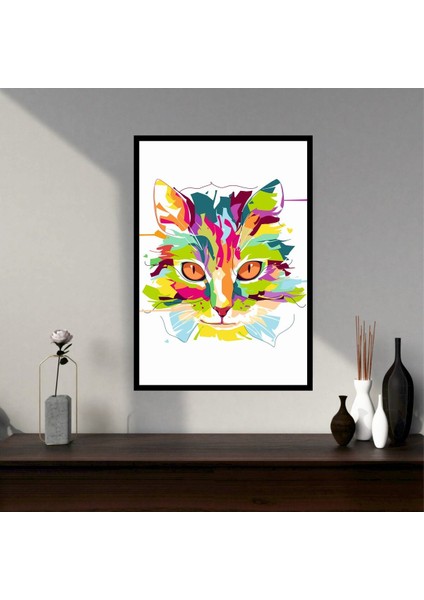 Kedi Hayvan Büyük Boy Renkli Solmaz Kaliteli Baskı Çerçeve Görünümlü Mdf Tablo 70X50CM 62