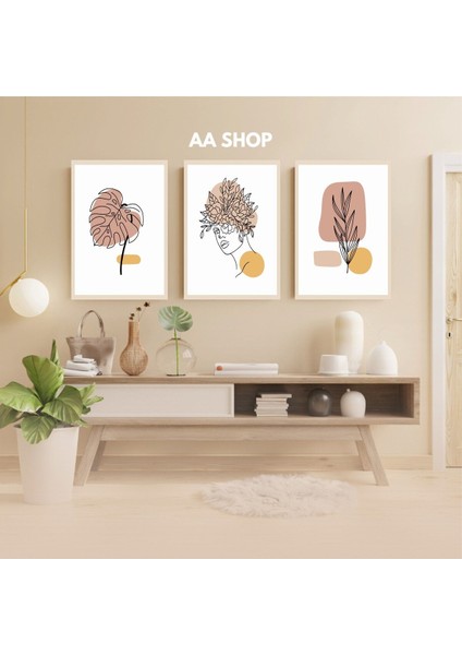 3 Parça Kadın Çiçek Renkli Solmaz Kaliteli Baskı Çerçeve Görünümlü Mdf Tablo Set 5