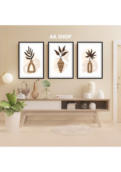 3 Parça Çiçek Yaprak Renkli Solmaz Kaliteli Baskı Çerçeve Görünümlü Mdf Tablo Set 80