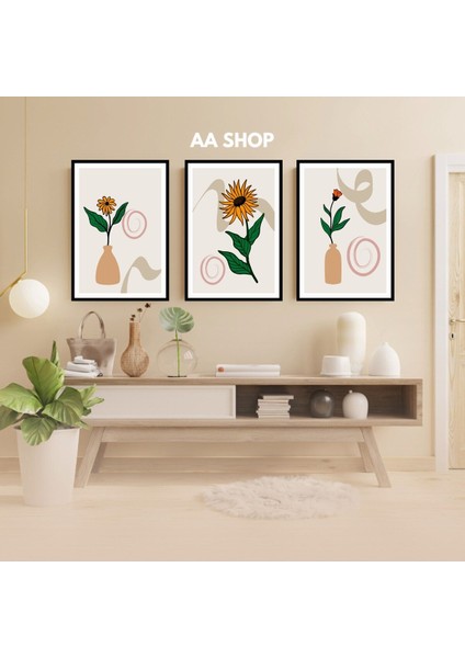 3 Parça Çiçek Yaprak Renkli Solmaz Kaliteli Baskı Çerçeve Görünümlü Mdf Tablo Set 40