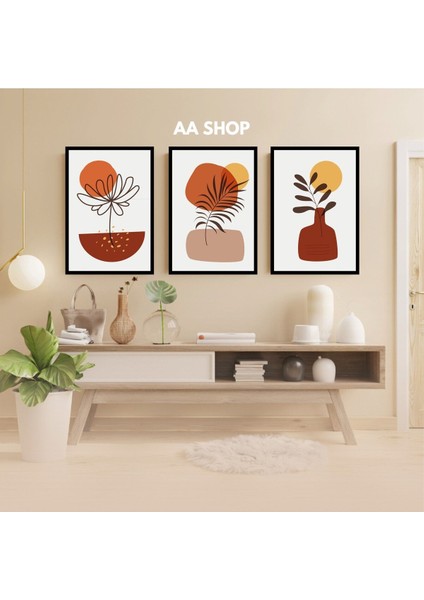 3 Parça Çiçek Yaprak Renkli Solmaz Kaliteli Baskı Çerçeve Görünümlü Mdf Tablo Set 24