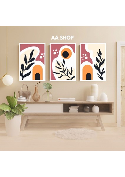 3 Parça Çiçek Yaprak Renkli Solmaz Kaliteli Baskı Çerçeve Görünümlü Mdf Tablo Set 74