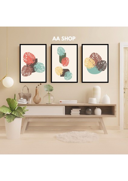 3 Parça Çiçek Yaprak Renkli Solmaz Kaliteli Baskı Çerçeve Görünümlü Mdf Tablo Set 65