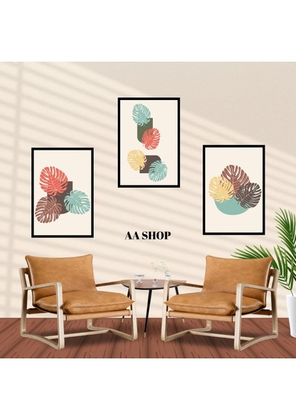 3 Parça Çiçek Yaprak Renkli Solmaz Kaliteli Baskı Çerçeve Görünümlü Mdf Tablo Set 65 fiyatları