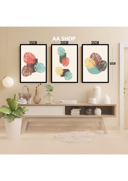 3 Parça Çiçek Yaprak Renkli Solmaz Kaliteli Baskı Çerçeve Görünümlü Mdf Tablo Set 65 modelleri