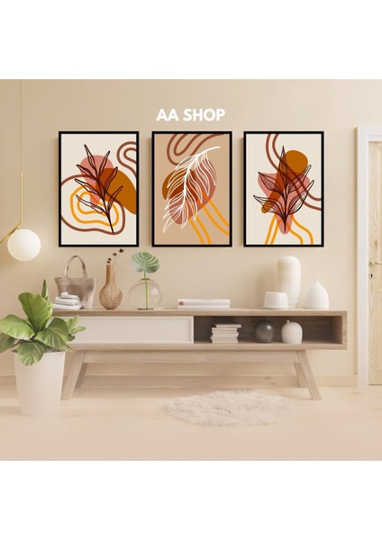 3 Parça Çiçek Yaprak Renkli Solmaz Kaliteli Baskı Çerçeve Görünümlü Mdf Tablo Set 70