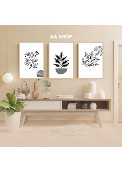3 Parça Çiçek Yaprak Renkli Solmaz Kaliteli Baskı Çerçeve Görünümlü Mdf Tablo Set 93