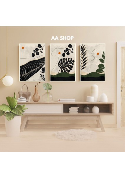 3 Parça Çiçek Yaprak Renkli Solmaz Kaliteli Baskı Çerçeve Görünümlü Mdf Tablo Set 18